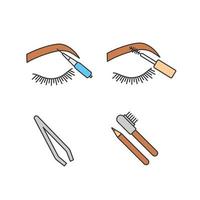 les sourcils façonnent le jeu d'icônes de couleur. microblading sourcils, mascara, pince à épiler cosmétique, crayon contour des sourcils avec pinceau. illustrations vectorielles isolées vecteur