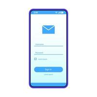connexion par e-mail dans le modèle vectoriel de page de smartphone. disposition de conception d'interface d'application mobile. connexion à la messagerie, écran d'inscription. application d'interface utilisateur plate. Enregistrement de l'utilisateur. affichage du téléphone avec mot de passe de la boîte aux lettres, nom d'utilisateur