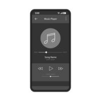 modèle de couleur vectorielle d'interface d'application de lecteur de musique. disposition de conception noire de page d'application mobile. écran de navigation du lecteur multimédia. interface utilisateur plate, interface graphique. lecture audio, radio. affichage du téléphone vecteur