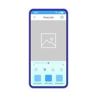 modèle vectoriel d'application de retouche photo pour smartphone. disposition de conception bleue de l'interface d'application mobile. écran d'effet de filtre d'édition photo. interface utilisateur plate. affichage du téléphone avec éditeur de publication sur les réseaux sociaux