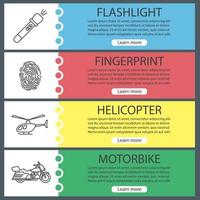 ensemble de modèles de bannière web de police. lampe de poche, empreinte digitale, hélicoptère, moto. éléments de menu de couleur de site Web avec des icônes linéaires. concepts de conception d'en-têtes de vecteur