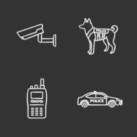 ensemble d'icônes de craie de police. caméra de surveillance, chien militaire, talkie-walkie, voiture. illustrations de tableau de vecteur isolé