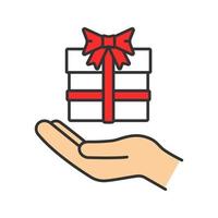 icône de couleur actuelle. main ouverte avec boîte-cadeau. donner, recevoir un cadeau. illustration vectorielle isolée vecteur
