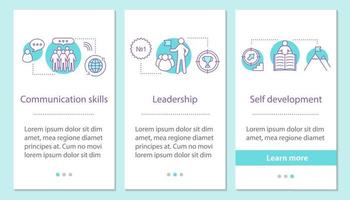 compétences personnelles réussies dans l'écran de la page de l'application mobile avec des concepts linéaires. communication, leadership, étapes de développement personnel instructions graphiques. modèle vectoriel ux, ui, gui avec illustrations