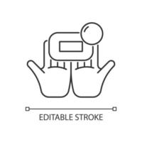 laver avec l'icône linéaire de savon de brique. efficacité contre les bactéries. se laver les mains. illustration personnalisable de fine ligne. symbole de contour. dessin de contour isolé de vecteur. trait modifiable vecteur