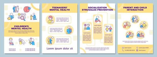 modèle de brochure sur la santé mentale des enfants. socialisation de l'enfant. flyer, brochure, dépliant imprimé, conception de la couverture avec des icônes linéaires. mises en page vectorielles pour présentation, rapports annuels, pages de publicité vecteur