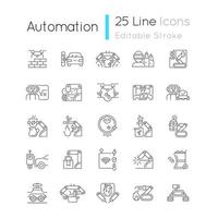 Ensemble d'icônes linéaires d'automatisation. fabrication avancée. améliorer la vie quotidienne. à l'aide de mains robotiques. symboles de contour de ligne mince personnalisables. illustrations de contour de vecteur isolé. trait modifiable