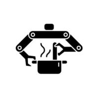 icône de glyphe noir de robots de cuisine. cuisine robotisée. préparation automatique de repas au restaurant. chef robotique. technologie innovante. symbole de silhouette sur un espace blanc. illustration vectorielle isolée vecteur