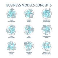 Ensemble d'icônes de concept bleu de modèles d'affaires. proposition de valeur. marché cible. avantage compétitif. illustrations en couleur de ligne mince d'idée d'entreprise. dessins de contour isolés vectoriels. trait modifiable vecteur