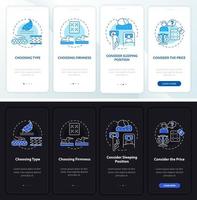 choisir l'écran de la page de l'application mobile d'intégration sombre et clair du matelas. Procédure pas à pas, instructions graphiques en 4 étapes avec concepts. modèle vectoriel ui, ux, gui avec illustrations linéaires en mode jour et nuit