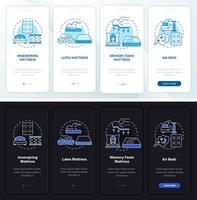 types de matelas courants écran de page d'application mobile d'intégration sombre et clair. Procédure pas à pas, instructions graphiques en 4 étapes avec concepts. modèle vectoriel ui, ux, gui avec illustrations linéaires en mode jour et nuit