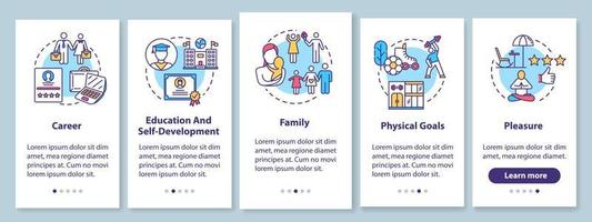 écran de page d'application mobile d'intégration de la réalisation de soi avec des concepts. équilibre travail et repos. Procédure pas à pas pour objectif d'amélioration Instructions graphiques en 5 étapes. modèle vectoriel d'interface utilisateur avec des illustrations en couleur rvb