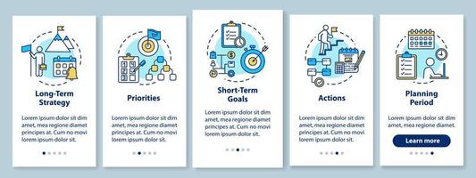 construire des objectifs en intégrant l'écran de la page de l'application mobile avec des concepts. Planning d'affaires. Procédure pas à pas pour l'auto-développement, instructions graphiques en 5 étapes. modèle vectoriel d'interface utilisateur avec des illustrations en couleur rvb