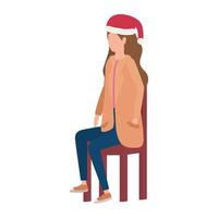 Jeune femme avec chapeau de Noël assis dans une chaise vecteur