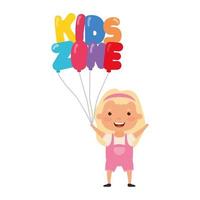 jolie petite fille avec un personnage d'hélium de ballons de zone pour enfants vecteur