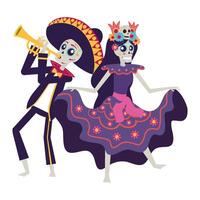 catrina et mariachi jouant des personnages de trompette vecteur