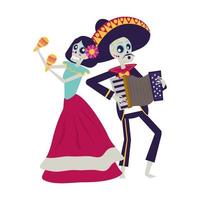 catrina et mariachi jouant des personnages de couple accordéon vecteur