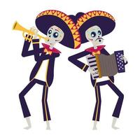 Crânes de mariachis mexicains jouant de la trompette et de l'accordéon vecteur