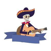 crâne de mariachi jouant le personnage comique de la guitare vecteur