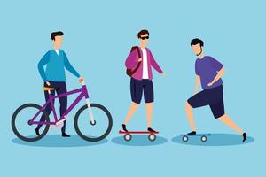 jeunes hommes avec vélo et skateboard vecteur