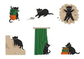 chat noir domestique dans différentes poses. animal de compagnie en style cartoon vecteur