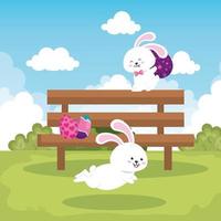 lapins en scène de parc avec des oeufs décorés de pâques vecteur