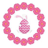 Adorable oeuf de Pâques avec des pieds et des oreilles de lapin dans un cadre circulaire de fleurs vecteur