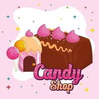 affiche de magasin de bonbons avec gâteau au chocolat et bonbons vecteur