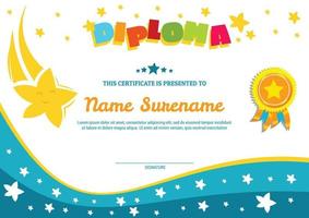 certificat de modèle de diplôme scolaire pour les enfants avec étoiles et appréciation du prix du badge vecteur