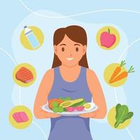 jeune femme présentant des aliments sains vecteur