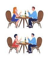 couple au dîner jeu de caractères vectoriels couleur semi-plat. personnages assis. personnes de tout le corps sur blanc. romance isolée illustration de style dessin animé moderne pour la conception graphique et la collection d'animation vecteur