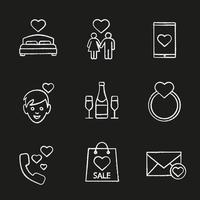 ensemble d'icônes de craie pour la Saint-Valentin. lit, famille, application de rencontres pour smartphone, garçon, champagne, alliance avec coeur, conversation romantique, sac à provisions, lettre d'amour. illustrations de tableau de vecteur isolé