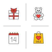 Ensemble d'icônes de couleur pour la Saint-Valentin. ours en peluche, 14 février, coffret cadeau, vente de la saint valentin. illustrations vectorielles isolées vecteur