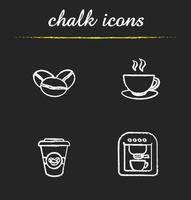 Ensemble d'icônes de craie de café. grains de café, tasse à vapeur, tasse à café en papier et machine à café. illustrations blanches sur tableau noir. vecteur, tableau, café, logo, concepts