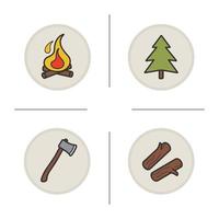 Ensemble d'icônes de couleur de camping. bois de chauffage, hache, sapin et feu de joie. illustrations vectorielles isolées vecteur