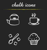 jeu d'icônes de thé et de café. bouilloire, tasse fumante, cuillère avec du sucre raffiné et des illustrations de muffins. café et thé dessins vectoriels isolés au tableau vecteur