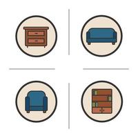 ensemble d'icônes de meubles. illustrations de commode, canapé, fauteuil et bibliothèque. objets d'intérieur dessins vectoriels isolés au tableau vecteur
