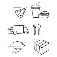 ensemble simple d'icônes de ligne vectorielle liées à la livraison de nourriture. vecteur de style doodle dessiné à la main