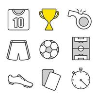 jeu d'icônes linéaires de football. kit joueur de football, coupe du vainqueur, sifflet et cartons d'arbitre, ballon, terrain, chronomètre. ligne fine. illustrations vectorielles isolées vecteur