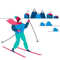 ski de sports d'hiver. une personne skie dans les montagnes en hiver. fond de paysage de station de montagne. ski et vêtements de sport chauds. hommes en vêtements d'hiver. plat, illustration de dessin animé de vecteur