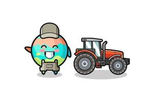 la mascotte d'agriculteur de bombes de bain debout à côté d'un tracteur vecteur