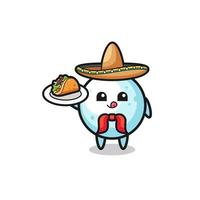 Boule de neige mascotte de chef mexicain tenant un taco vecteur