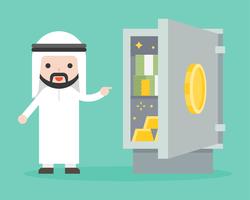 Homme d&#39;affaires arabe montrant des billets de banque et de l&#39;or dans un coffre-fort vecteur