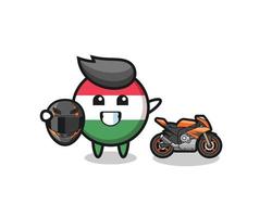 dessin animé mignon du drapeau hongrois en tant que coureur de moto vecteur