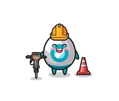 mascotte de travailleur routier de la machine de forage tenant une fusée vecteur