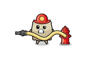dessin animé de sac comme mascotte de pompier avec tuyau d'arrosage vecteur