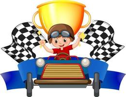 garçon gagnant dans une voiture de course sur fond de trophée vecteur