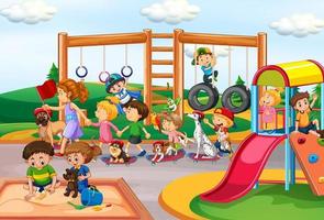 enfants jouant avec leurs animaux sur l'aire de jeux vecteur