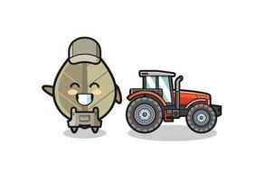 la mascotte du fermier aux feuilles séchées debout à côté d'un tracteur vecteur