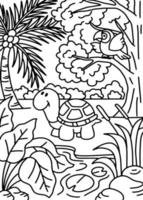 animal mignon à colorier noir blanc avec tortue et jungle d'oiseaux avec illustration de style de ligne d'arbre et de feuille vecteur